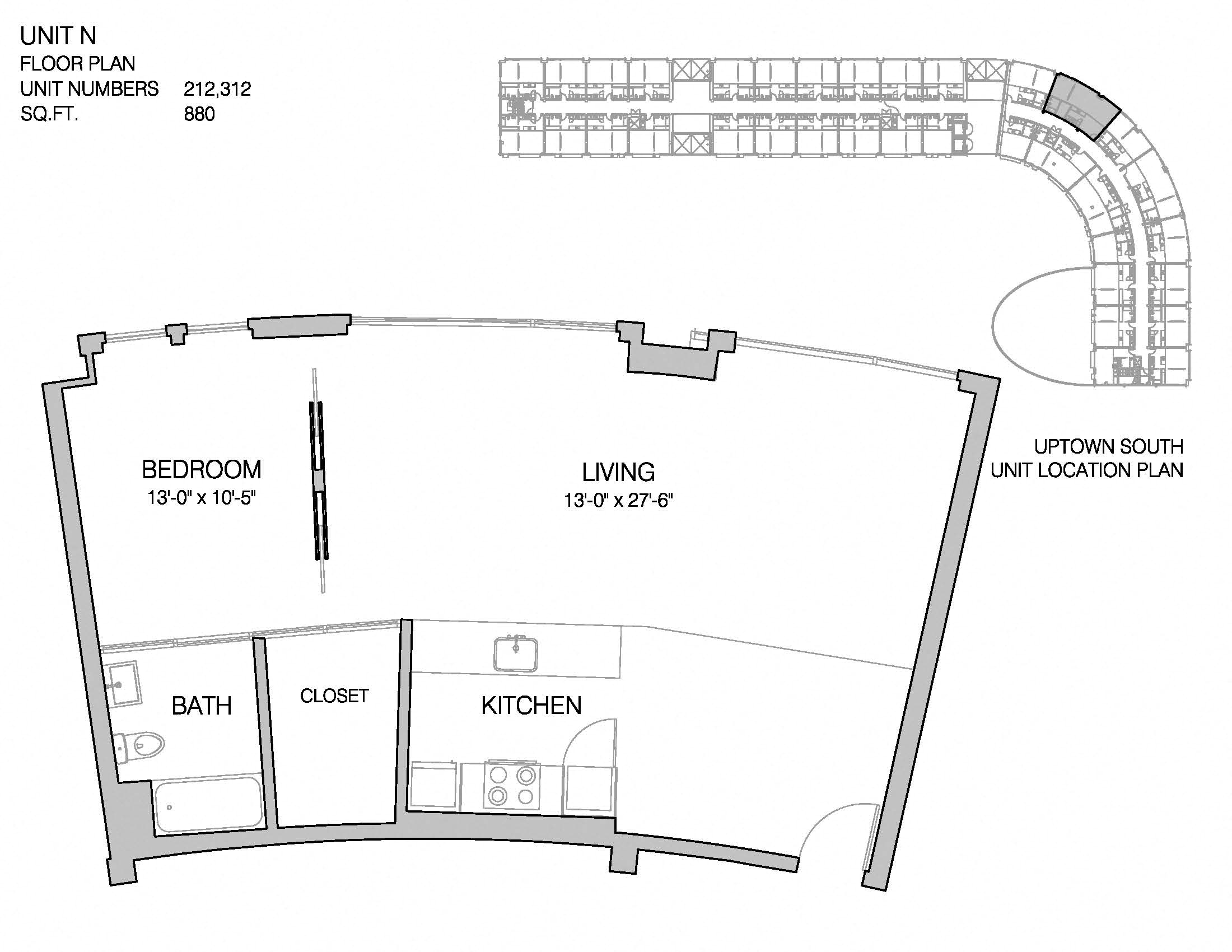 Floor plan for 1 bed, 1 bath, 880 sqft